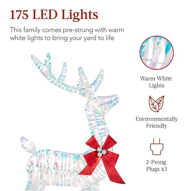 Alt view image 4 of 6 - 4ft 3-Piece 2D Lighted Christmas Deer Family Set, Large Outdoor Yard Reindeer Holiday Decoration with 175 LED Lights, Stakes, Zip Ties - Iridecent