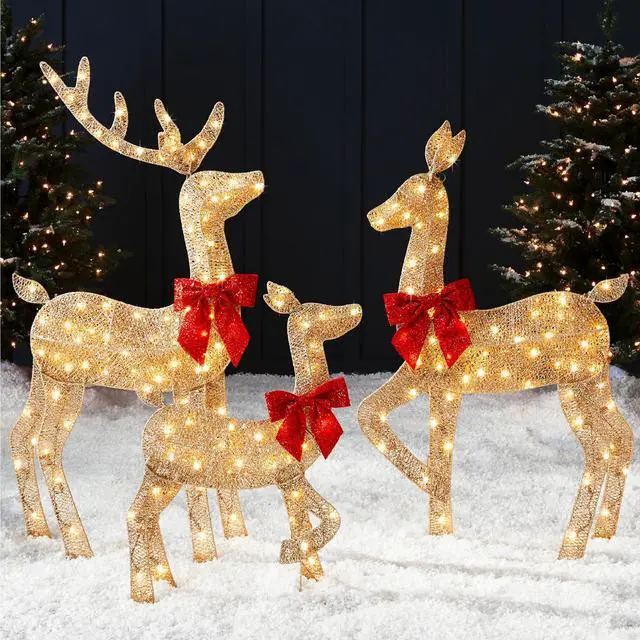 Main image of 4ft 3-Piece 2D Lighted Christmas Deer Family Set, Large Outdoor Yard Reindeer Holiday Decoration with 175 LED Lights, Stakes, Zip Ties - Gold