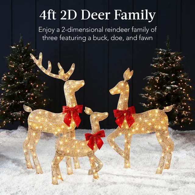 Alt view image 2 of 6 - 4ft 3-Piece 2D Lighted Christmas Deer Family Set, Large Outdoor Yard Reindeer Holiday Decoration with 175 LED Lights, Stakes, Zip Ties - Gold