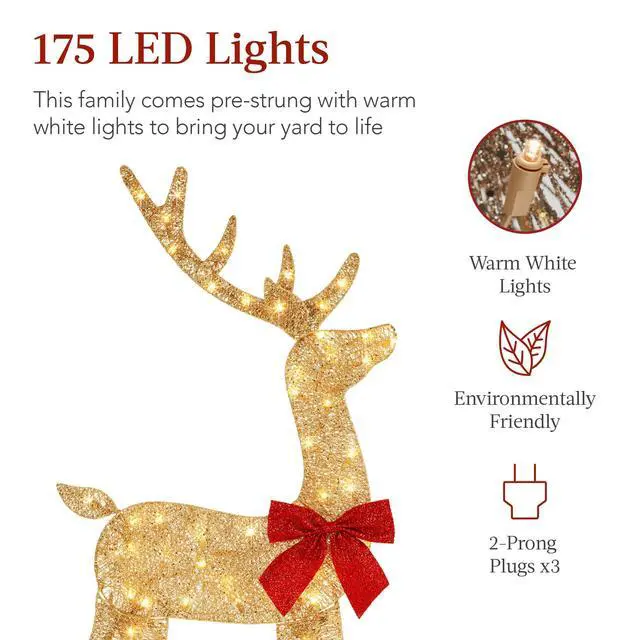 Alt view image 3 of 6 - 4ft 3-Piece 2D Lighted Christmas Deer Family Set, Large Outdoor Yard Reindeer Holiday Decoration with 175 LED Lights, Stakes, Zip Ties - Gold