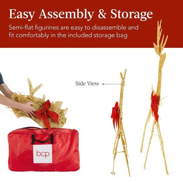 Alt view image 4 of 6 - 4ft 3-Piece 2D Lighted Christmas Deer Family Set, Large Outdoor Yard Reindeer Holiday Decoration with 175 LED Lights, Stakes, Zip Ties - Gold