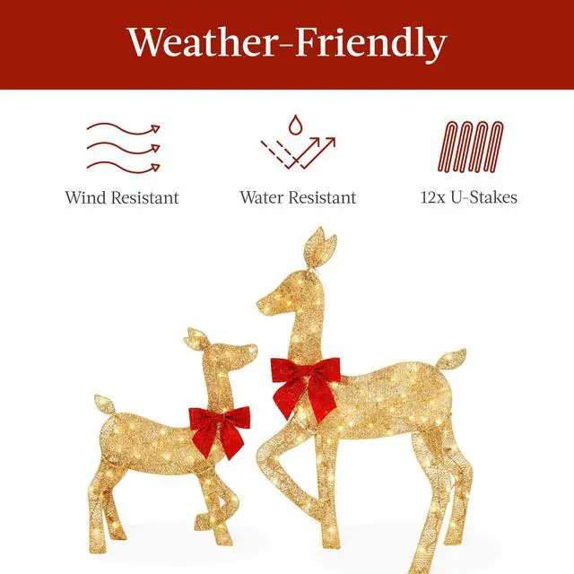 Alt view image 5 of 6 - 4ft 3-Piece 2D Lighted Christmas Deer Family Set, Large Outdoor Yard Reindeer Holiday Decoration with 175 LED Lights, Stakes, Zip Ties - Gold