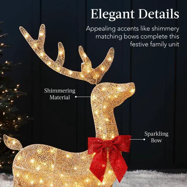 Alt view image 6 of 6 - 4ft 3-Piece 2D Lighted Christmas Deer Family Set, Large Outdoor Yard Reindeer Holiday Decoration with 175 LED Lights, Stakes, Zip Ties - Gold