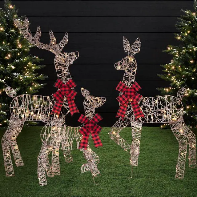 Main image of 4ft 3-Piece 2D Lighted Christmas Deer Family Set, Large Outdoor Yard Reindeer Holiday Decoration with 175 LED Lights, Stakes, Zip Ties - Rattan