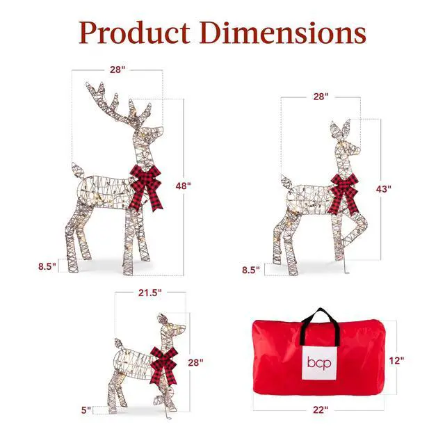 Alt view image 2 of 6 - 4ft 3-Piece 2D Lighted Christmas Deer Family Set, Large Outdoor Yard Reindeer Holiday Decoration with 175 LED Lights, Stakes, Zip Ties - Rattan