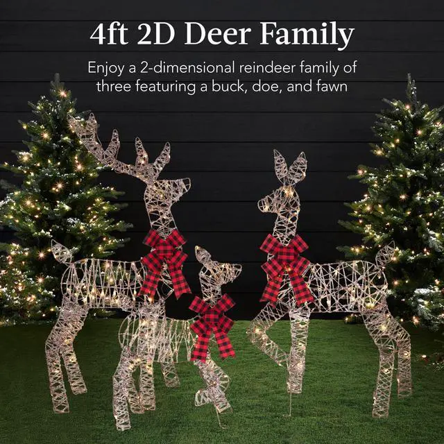 Alt view image 3 of 6 - 4ft 3-Piece 2D Lighted Christmas Deer Family Set, Large Outdoor Yard Reindeer Holiday Decoration with 175 LED Lights, Stakes, Zip Ties - Rattan