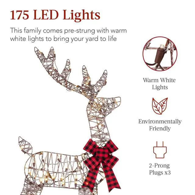 Alt view image 4 of 6 - 4ft 3-Piece 2D Lighted Christmas Deer Family Set, Large Outdoor Yard Reindeer Holiday Decoration with 175 LED Lights, Stakes, Zip Ties - Rattan