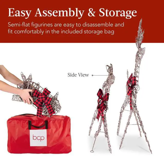 Alt view image 5 of 6 - 4ft 3-Piece 2D Lighted Christmas Deer Family Set, Large Outdoor Yard Reindeer Holiday Decoration with 175 LED Lights, Stakes, Zip Ties - Rattan