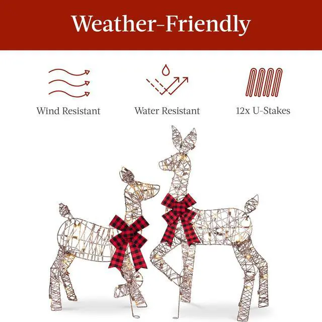 Alt view image 6 of 6 - 4ft 3-Piece 2D Lighted Christmas Deer Family Set, Large Outdoor Yard Reindeer Holiday Decoration with 175 LED Lights, Stakes, Zip Ties - Rattan