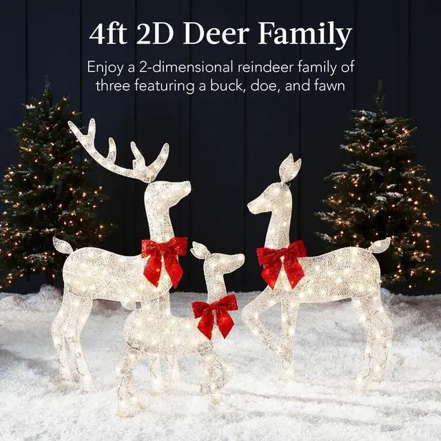 Alt view image 2 of 6 - 4ft 3-Piece 2D Lighted Christmas Deer Family Set, Large Outdoor Yard Reindeer Holiday Decoration with 175 LED Lights, Stakes, Zip Ties - White