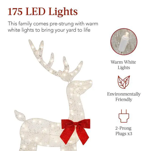 Alt view image 3 of 6 - 4ft 3-Piece 2D Lighted Christmas Deer Family Set, Large Outdoor Yard Reindeer Holiday Decoration with 175 LED Lights, Stakes, Zip Ties - White