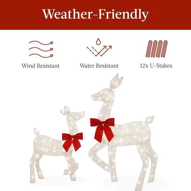 Alt view image 5 of 6 - 4ft 3-Piece 2D Lighted Christmas Deer Family Set, Large Outdoor Yard Reindeer Holiday Decoration with 175 LED Lights, Stakes, Zip Ties - White