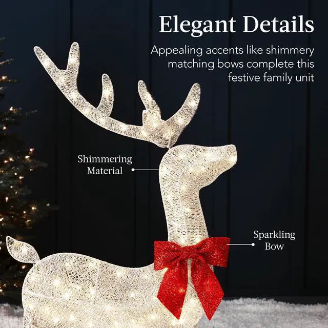 Alt view image 6 of 6 - 4ft 3-Piece 2D Lighted Christmas Deer Family Set, Large Outdoor Yard Reindeer Holiday Decoration with 175 LED Lights, Stakes, Zip Ties - White