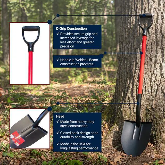 Alt view image 3 of 6 - 12-Gauge Round Point Spade Shovel with D-Grip Handle | Heavy Duty Fiberglass Shovel for Garden Landscaping, Trenching and Planting | Steel Body Gardening Hand Tools, 100% Made in USA