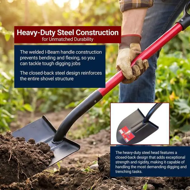Alt view image 4 of 6 - 12-Gauge Round Point Spade Shovel with D-Grip Handle | Heavy Duty Fiberglass Shovel for Garden Landscaping, Trenching and Planting | Steel Body Gardening Hand Tools, 100% Made in USA