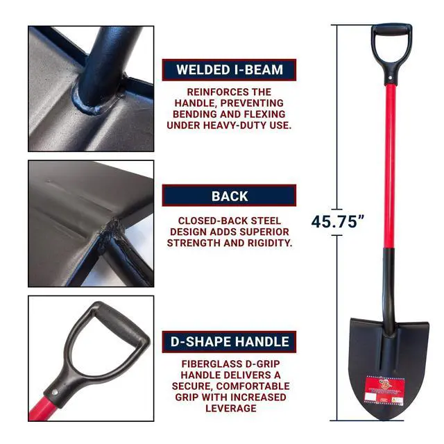 Alt view image 5 of 6 - 12-Gauge Round Point Spade Shovel with D-Grip Handle | Heavy Duty Fiberglass Shovel for Garden Landscaping, Trenching and Planting | Steel Body Gardening Hand Tools, 100% Made in USA
