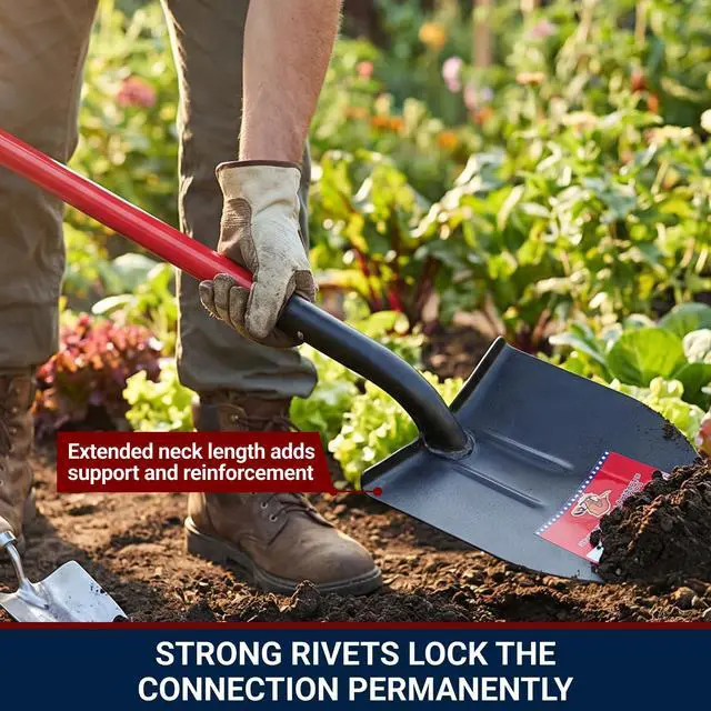 Alt view image 6 of 6 - 12-Gauge Round Point Spade Shovel with D-Grip Handle | Heavy Duty Fiberglass Shovel for Garden Landscaping, Trenching and Planting | Steel Body Gardening Hand Tools, 100% Made in USA