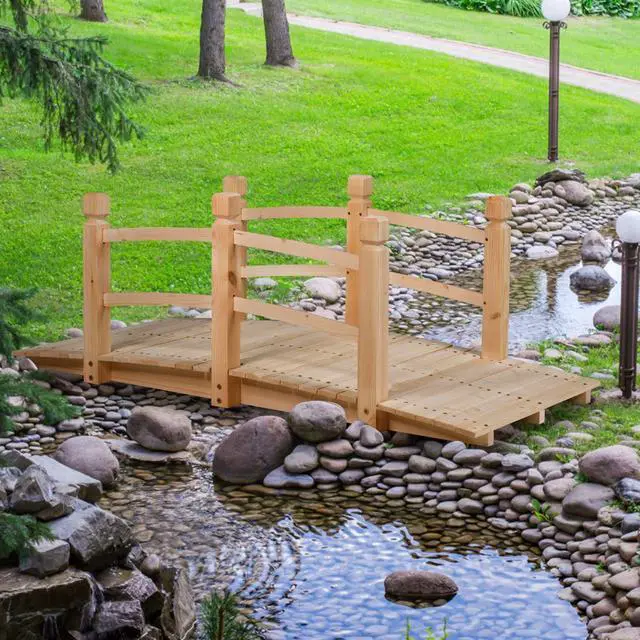 Main image of 5 FT Wooden Garden Bridge, Classic Wood Arc Footbridge with Railings, 400 lbs Capacity, Decorative Pond Bridge for Outdoor Garden Yard Backyard Creek Farm (Natural)