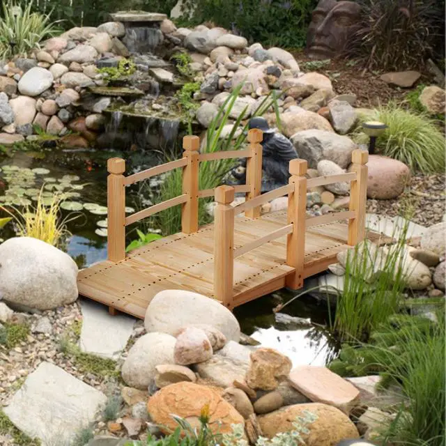 Alt view image 2 of 6 - 5 FT Wooden Garden Bridge, Classic Wood Arc Footbridge with Railings, 400 lbs Capacity, Decorative Pond Bridge for Outdoor Garden Yard Backyard Creek Farm (Natural)