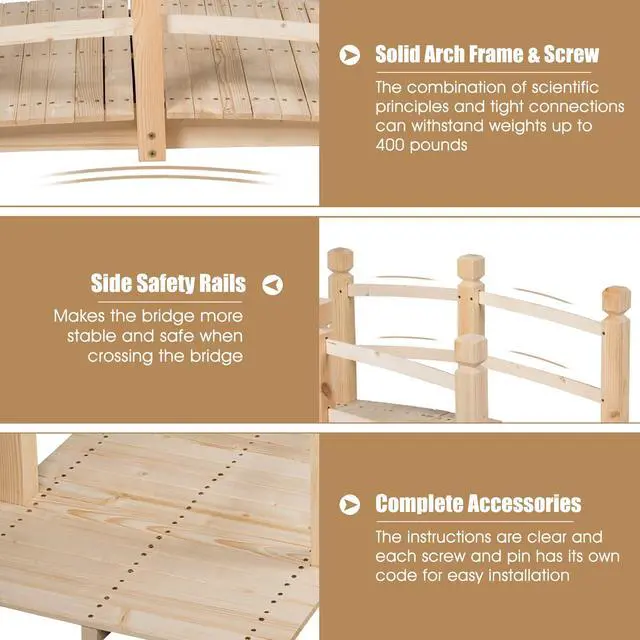 Alt view image 4 of 6 - 5 FT Wooden Garden Bridge, Classic Wood Arc Footbridge with Railings, 400 lbs Capacity, Decorative Pond Bridge for Outdoor Garden Yard Backyard Creek Farm (Natural)