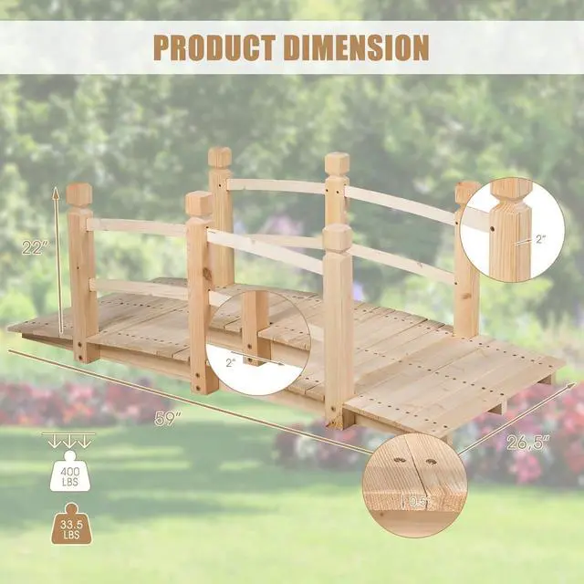 Alt view image 5 of 6 - 5 FT Wooden Garden Bridge, Classic Wood Arc Footbridge with Railings, 400 lbs Capacity, Decorative Pond Bridge for Outdoor Garden Yard Backyard Creek Farm (Natural)
