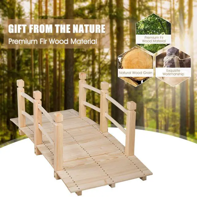 Alt view image 6 of 6 - 5 FT Wooden Garden Bridge, Classic Wood Arc Footbridge with Railings, 400 lbs Capacity, Decorative Pond Bridge for Outdoor Garden Yard Backyard Creek Farm (Natural)