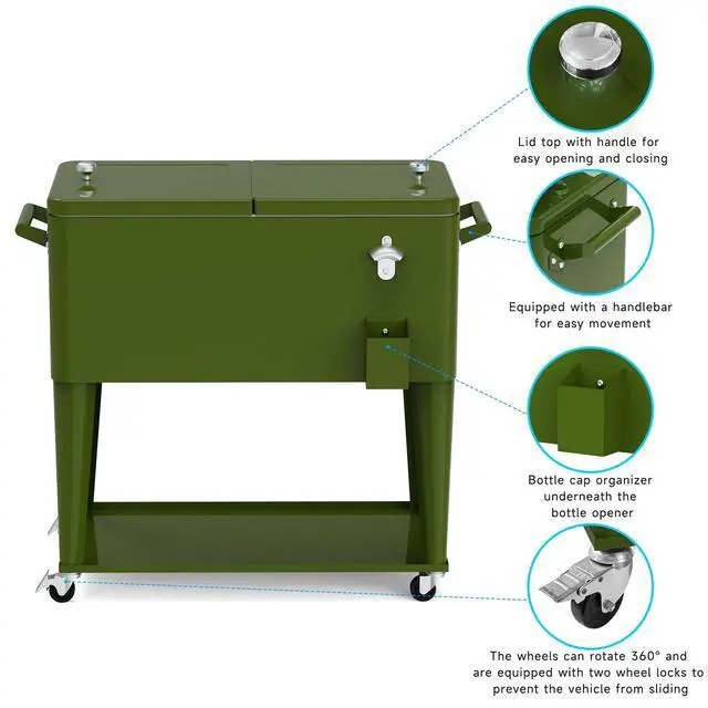 Alt view image 3 of 6 - Rolling Ice Chest Cooler Cart, Portable Bar Drink Cooler, 80 Quart Cooling Bins, Beverage for Patio Pool Party, Large Ice Chest with Shelf, Bottle Opener