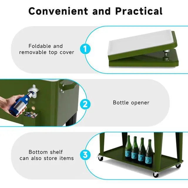 Alt view image 5 of 6 - Rolling Ice Chest Cooler Cart, Portable Bar Drink Cooler, 80 Quart Cooling Bins, Beverage for Patio Pool Party, Large Ice Chest with Shelf, Bottle Opener