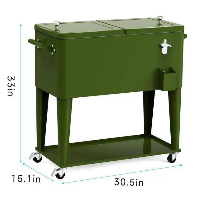 Alt view image 6 of 6 - Rolling Ice Chest Cooler Cart, Portable Bar Drink Cooler, 80 Quart Cooling Bins, Beverage for Patio Pool Party, Large Ice Chest with Shelf, Bottle Opener