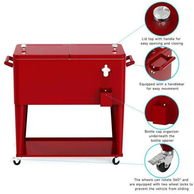 Alt view image 3 of 6 - Rolling Ice Chest Cooler Cart, Portable Bar Drink Cooler, 80 Quart Cooling Bins, Beverage for Patio Pool Party, Large Ice Chest with Shelf, Bottle Opener