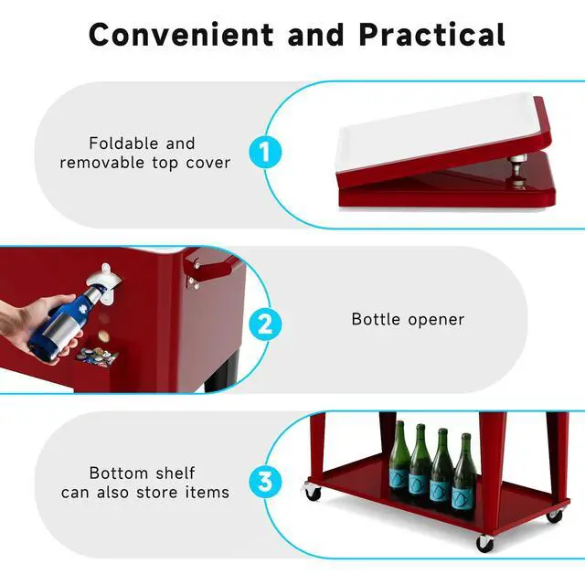 Alt view image 5 of 6 - Rolling Ice Chest Cooler Cart, Portable Bar Drink Cooler, 80 Quart Cooling Bins, Beverage for Patio Pool Party, Large Ice Chest with Shelf, Bottle Opener