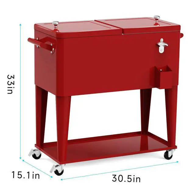 Alt view image 6 of 6 - Rolling Ice Chest Cooler Cart, Portable Bar Drink Cooler, 80 Quart Cooling Bins, Beverage for Patio Pool Party, Large Ice Chest with Shelf, Bottle Opener