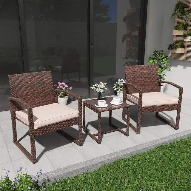 Alt view image 2 of 6 - 3 Pieces Outdoor Patio Furniture Set, Outdoor Wicker Conversation Set, Patio Rattan Chair Set, Modern Bistro Set with Coffee Table, Garden Balcony Backyard Poolside (Brown)