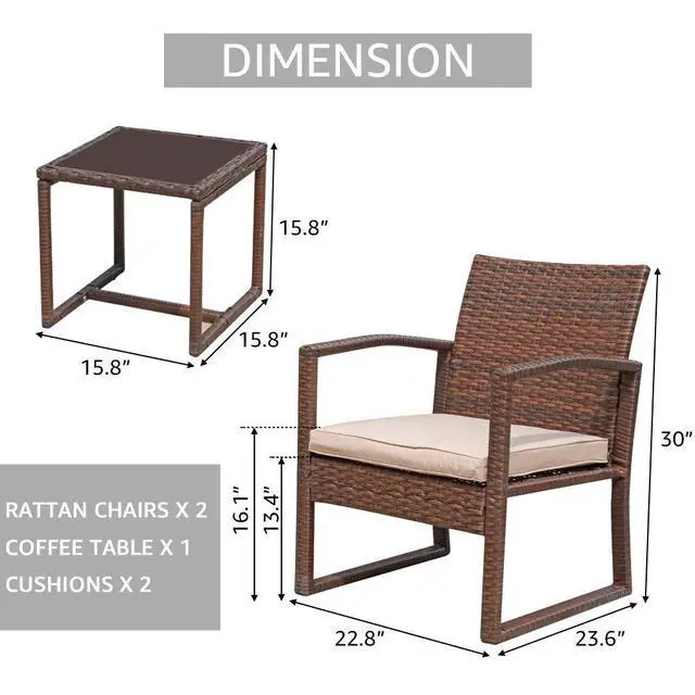 Alt view image 4 of 6 - 3 Pieces Outdoor Patio Furniture Set, Outdoor Wicker Conversation Set, Patio Rattan Chair Set, Modern Bistro Set with Coffee Table, Garden Balcony Backyard Poolside (Brown)