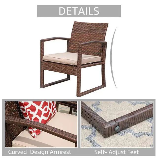 Alt view image 6 of 6 - 3 Pieces Outdoor Patio Furniture Set, Outdoor Wicker Conversation Set, Patio Rattan Chair Set, Modern Bistro Set with Coffee Table, Garden Balcony Backyard Poolside (Brown)
