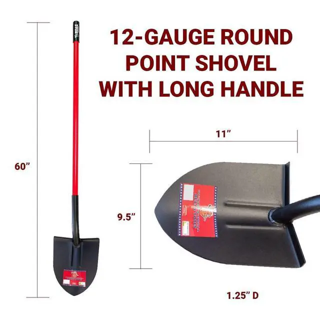 Alt view image 3 of 6 - 12-Gauge Round Point Gardening Shovel | Heavy Duty Fiberglass Long Handle | Spade Shovels for Digging, Trenching and Planting | Steel Body Gardening Hand Tools, 100% Made in USA
