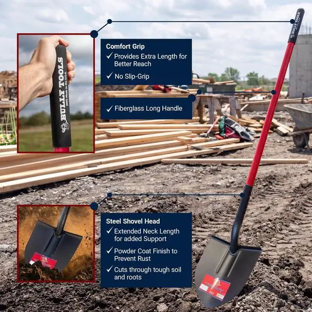 Alt view image 4 of 6 - 12-Gauge Round Point Gardening Shovel | Heavy Duty Fiberglass Long Handle | Spade Shovels for Digging, Trenching and Planting | Steel Body Gardening Hand Tools, 100% Made in USA