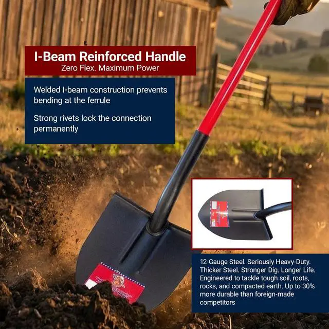 Alt view image 5 of 6 - 12-Gauge Round Point Gardening Shovel | Heavy Duty Fiberglass Long Handle | Spade Shovels for Digging, Trenching and Planting | Steel Body Gardening Hand Tools, 100% Made in USA