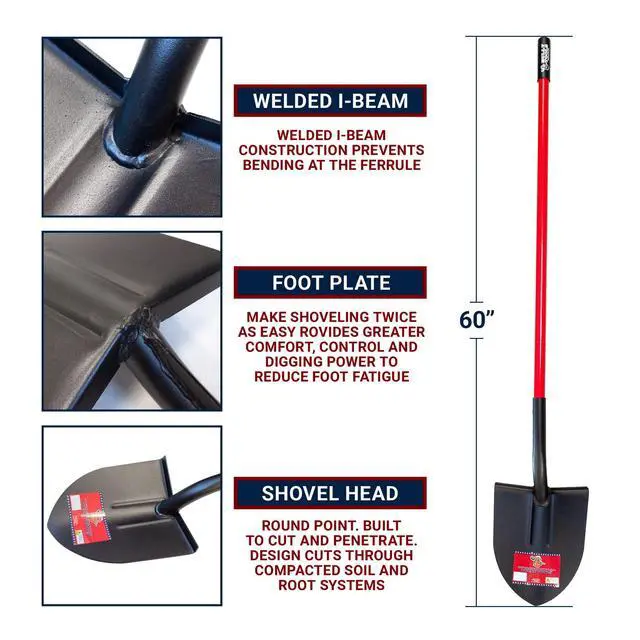 Alt view image 6 of 6 - 12-Gauge Round Point Gardening Shovel | Heavy Duty Fiberglass Long Handle | Spade Shovels for Digging, Trenching and Planting | Steel Body Gardening Hand Tools, 100% Made in USA