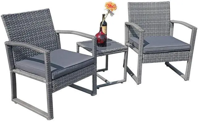 Main image of 3 Piece Outdoor Patio Furniture Conversation Set, Rattan Chair Set With Coffee Table, For Garden, Balcony, Backyard, Poolside (Dark Grey)