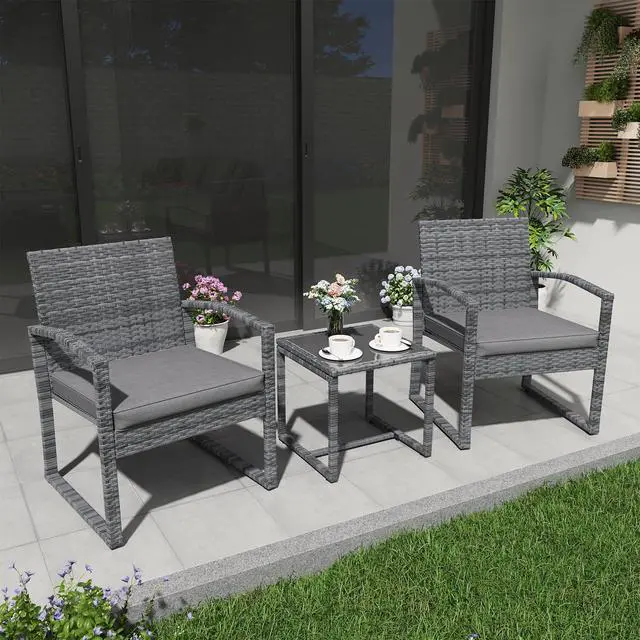 Alt view image 2 of 6 - 3 Piece Outdoor Patio Furniture Conversation Set, Rattan Chair Set With Coffee Table, For Garden, Balcony, Backyard, Poolside (Dark Grey)