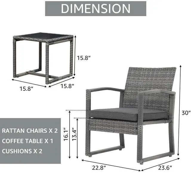Alt view image 4 of 6 - 3 Piece Outdoor Patio Furniture Conversation Set, Rattan Chair Set With Coffee Table, For Garden, Balcony, Backyard, Poolside (Dark Grey)