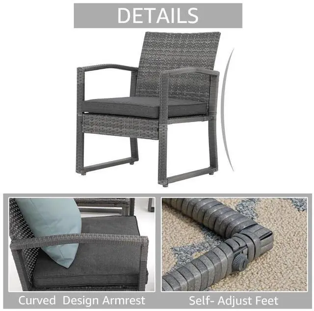 Alt view image 6 of 6 - 3 Piece Outdoor Patio Furniture Conversation Set, Rattan Chair Set With Coffee Table, For Garden, Balcony, Backyard, Poolside (Dark Grey)