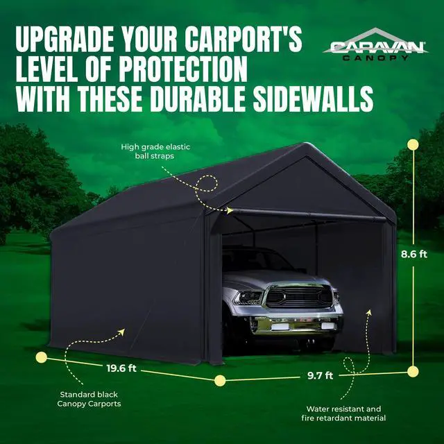 Alt view image 3 of 6 - Canopy Car Tent Sidewalls for Carport, Garage & Shed, Domain, 10 x 20 Ft, Black (Roof and Canopy Not Included) - Portable Vehicle and Motorcycle Shelter - Large Outdoor Storage