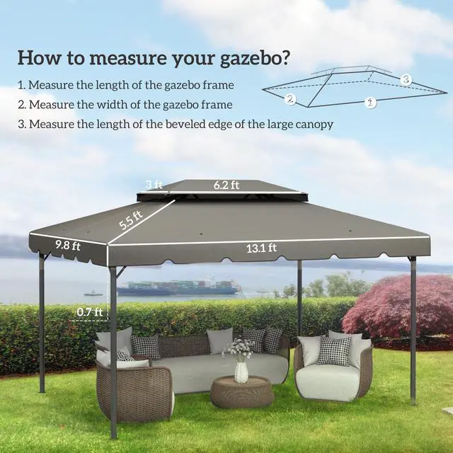 Alt view image 3 of 6 - 13' x 10' Gazebo Replacement Canopy, Gazebo Top Cover with Double Vented Roof for 12.8' x 9.5' Frame for Garden Patio Outdoor (TOP ONLY), Light Gray