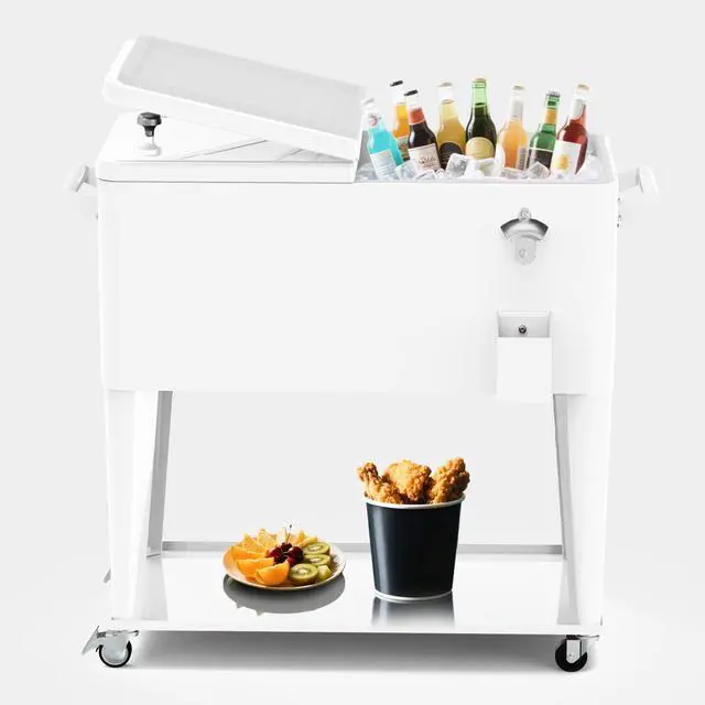 Main image of Rolling Ice Chest Cooler Cart, Portable Bar Drink Cooler, 80 Quart Cooling Bins, Beverage for Patio Pool Party, Large Ice Chest with Shelf, Bottle Opener