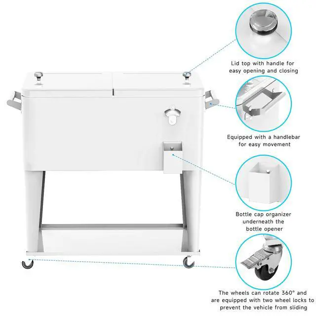 Alt view image 3 of 6 - Rolling Ice Chest Cooler Cart, Portable Bar Drink Cooler, 80 Quart Cooling Bins, Beverage for Patio Pool Party, Large Ice Chest with Shelf, Bottle Opener