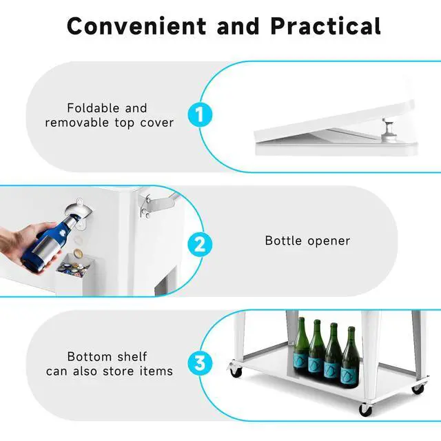Alt view image 5 of 6 - Rolling Ice Chest Cooler Cart, Portable Bar Drink Cooler, 80 Quart Cooling Bins, Beverage for Patio Pool Party, Large Ice Chest with Shelf, Bottle Opener
