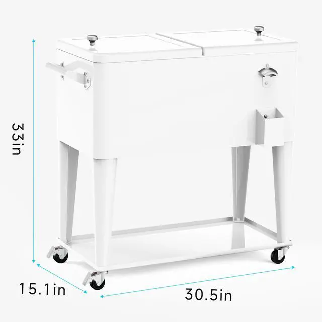 Alt view image 6 of 6 - Rolling Ice Chest Cooler Cart, Portable Bar Drink Cooler, 80 Quart Cooling Bins, Beverage for Patio Pool Party, Large Ice Chest with Shelf, Bottle Opener