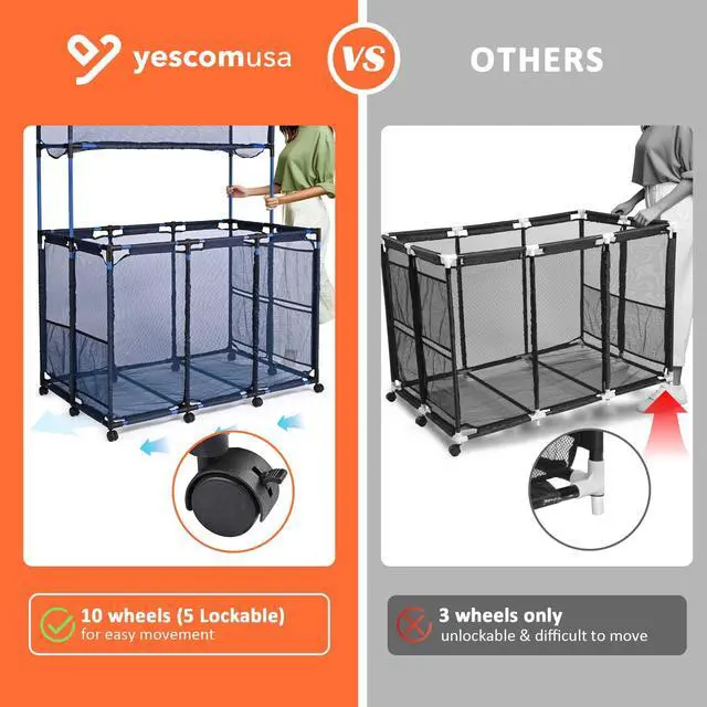 Alt view image 4 of 6 - 225 Gallon Pool Float Storage Bin Basket with Top Rack for Toy Raft Noodles Outdoor Double Tiers 49"x31"x61" Metal Frame 10 Wheels Mesh Rolling Organizer Cart Blue